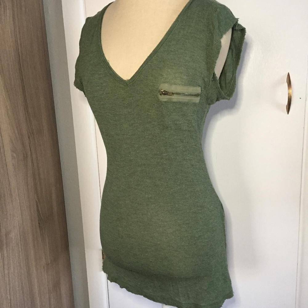 ZARA Relaxed Raw Hem Olive Green Long Tee